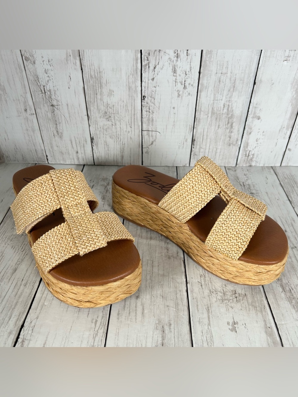 Zodiac Woven Raffia Wedge Slide Sandals Strap Accent Natural 9